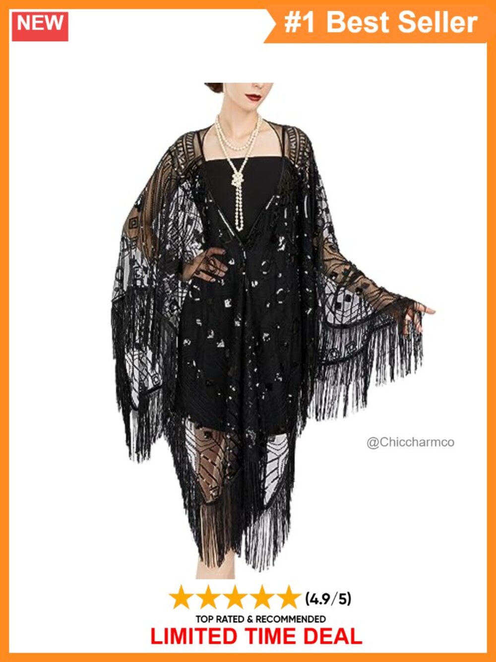 1920s Sequin Flapper Shawl Sheer Mesh Evening Wrap with Tassel Fringe